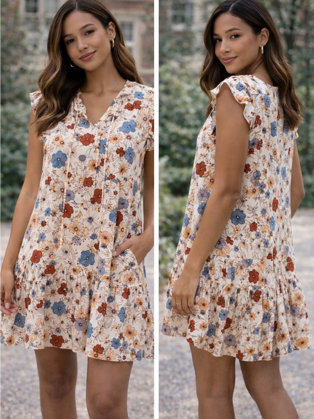 Floral Tiered Mini Dress in Cream with Blue & Rust Flowers